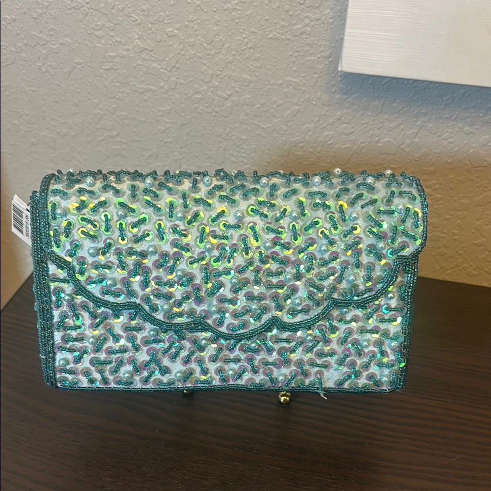 Bijoux Terner Iridescent Beaded Clutch in Aqua green